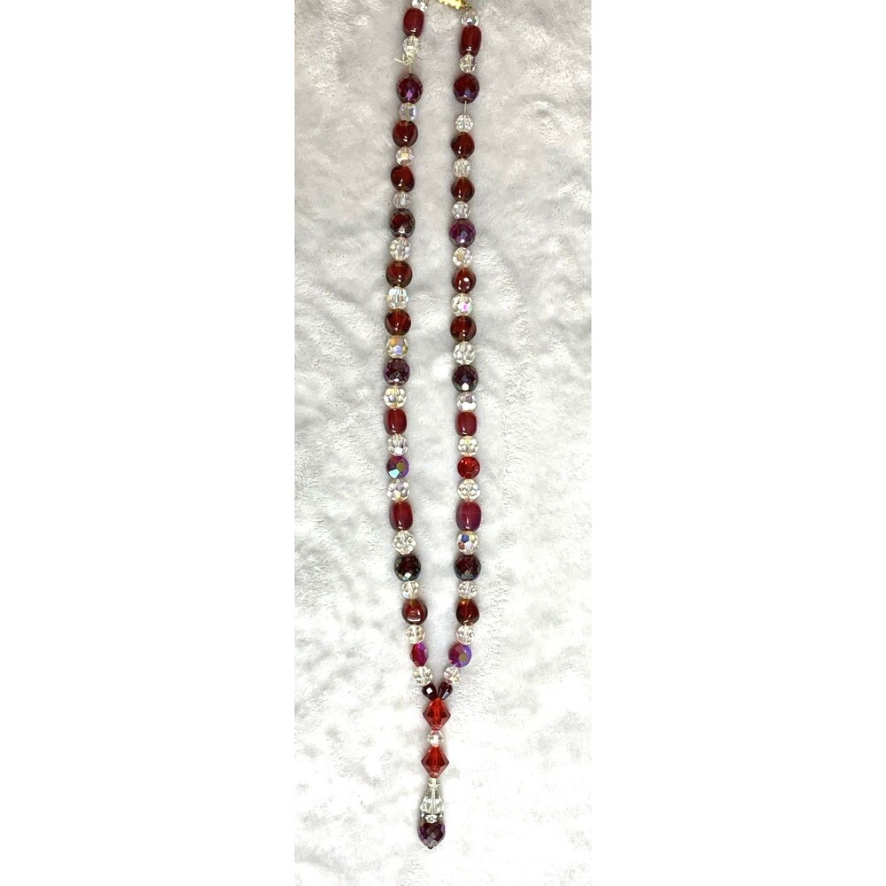 Vintage Red Crystal Beaded Y Drop Necklace Aurora Borealis Mid Century 60s - Picture 3 of 9